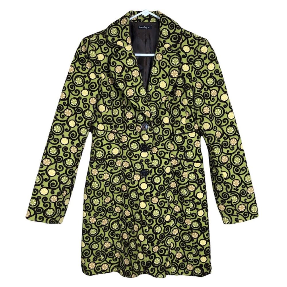 Bentley A. Long Boho Coat Green Brown Gold Floral Swirls Fully Lined Women's XS